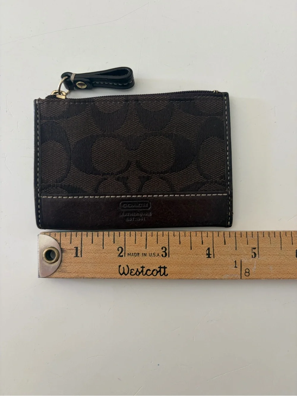 Coach Signature Jacquard Brown Leather Zip Keychain Coin Purse Card Case